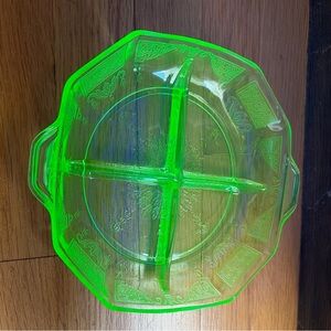 Uranium Glass Divided Relish Candy dish depression vaseline glass 1930’s 8 1/2”